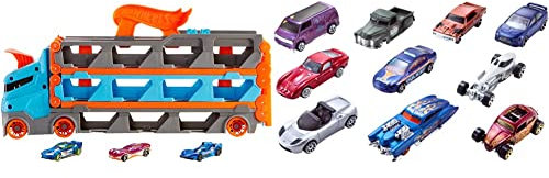 Hot Wheels HGH33 - 2-in-1 Rennbahn-Transporter zur Aufbewahrung mit 3 Fahrzeugen, fasst 20+ Fahrzeuge, von 4 bis 8 Jahren & 54886 - 1:64 Die-Cast Auto Geschenkset, je 10 Spielzeugautos, ab 3 Jahren