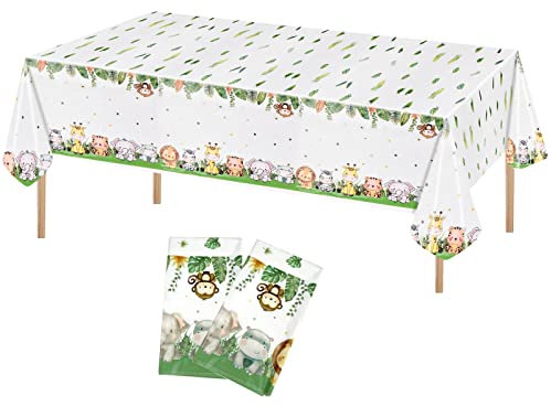 Xzeemo 2 Stück Zoo Thema Tischdecke, Wasserdicht Kunststoff Tischtuch, Einweg Plastik Tischdecken, Niedliche Tischdekoration für drinnen und draußen Picknick Kinder Geburtstag Babyparty, 108 x 180 cm