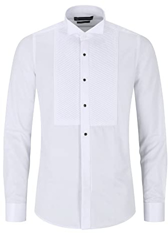 TruClothing Mens Wing Collar White Shirt Pleated Tuxedo Double Cuff Slim Fit Satin Cotton