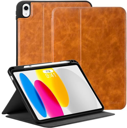 Zinibri Custodia Cover Compatible con iPad 10 Generazione 10,9 Pollici 2022 2023 A2696 A2757 A2777 con Portapenna Pelle PU Multi Angolo Supporto Sottile Smart Case Auto Sveglia/Sonno,Marrone