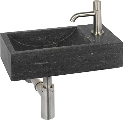 Ben Venetia Waschbecken Set mit Armatur in Edelstahloptik Rechts Naturstein - Waschbecken für Unterschrank, Waschtisch für Gäste WC