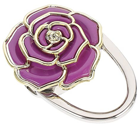 VICASKY Foldable Rose Flower Handbag Hanger Table Hook Purple Zinc Alloy Acrylic Purse Holder Portable Non-Slip for Desk Use in Restaurants Offices