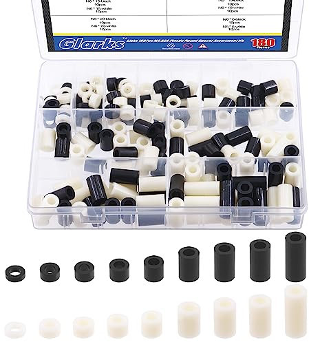 Glarks Kit assorti d'entretoises rondes en nylon pour vis M6, entretoises de vis pour prises électriques, entretoises en ABS noir et blanc, rondelles rondes en ABS, support d'entretoise matériel