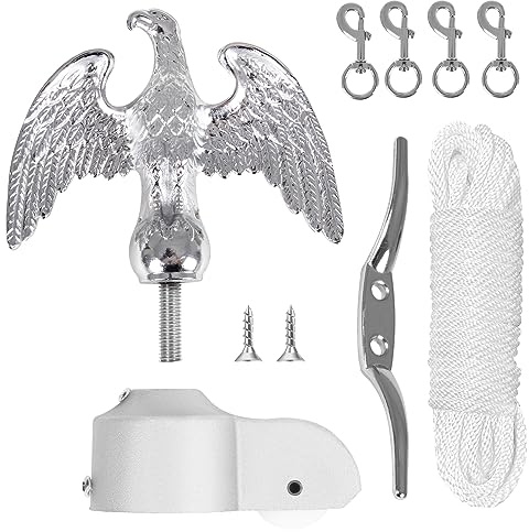 BMFTRRI Flagpole Hardware Repair Parts Kit-50 Ft Halyard Rope +7 Silver Eagle+6 Zinc Alloy Cleat +4 PCS Metal Swivel Snap Clips+Aluminum Alloy Flagpole Truck for 2 Diameter Flag Poles Top