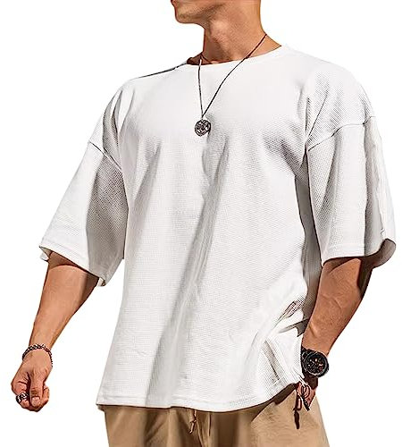 Muscle Alive Men's Basic Short Sleeve Waffle Sweatshirt Loose Fit Workout Pullover Crewneck Shirt White L