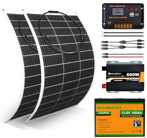 ECO-WORTHY 260W 12V Flexibles Solarpanel Komplettes Kit: 2 * 130W Flexibles Solarmodul + 100Ah Litthiumbatterie + 600W 12V Sinuswechselrichter + 30A PWM Laderegler für Camper, Wohnmobil, Van