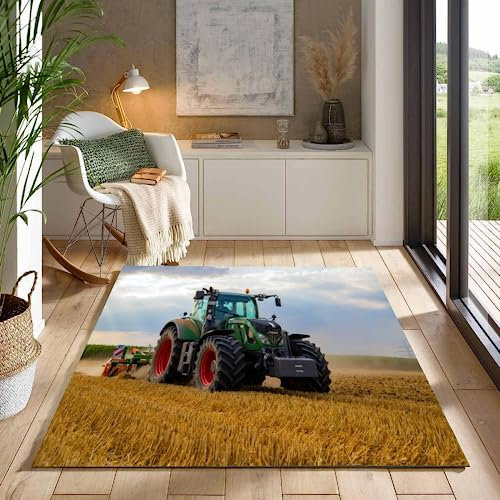 ITOMEN Teppich Schlafzimmer Traktor Kinderteppich Dekoration Carpets Herbsternte Auf Dem Bauernhof Teenager Kurzflor Flanell Teppiche rutschfeste Spielteppiche für Schlafzimmer Wohnzimmer 60x90 cm