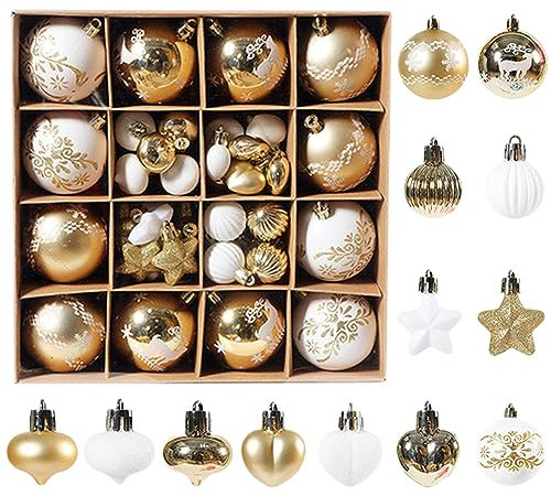 Lvjkes Weihnachtskugeln, Christbaumkugeln, 52 Stück 3-6 cm große bruchsichere Plastikkugeln für den Weihnachtsbaum, Bunte Kugeln mit Schnüren für den Weihnachtsbaum, die Hochzeit (Gold und Weiß)