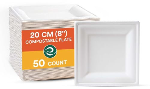 ECO SOUL Pearl White Square Lot de 50 assiettes en carton jetables et 100 % compostables, respectueuses de l'environnement, 20 cm, pour le camping, le micro-ondes et le four