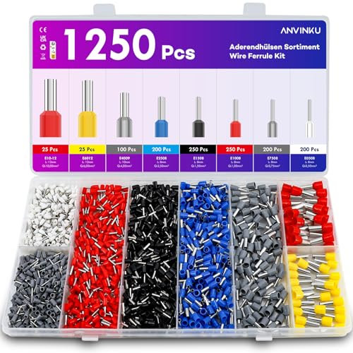 ANVINKU Wire Ferrules kit, 1250PCS Wire Ferrules, Insulated Bootlace Ferrules, 0,5mm² - 10mm² Cable Ferrule Crimps, Ferrules Crimp Connectors, Copper Wire Ferrules Set with Portable Box