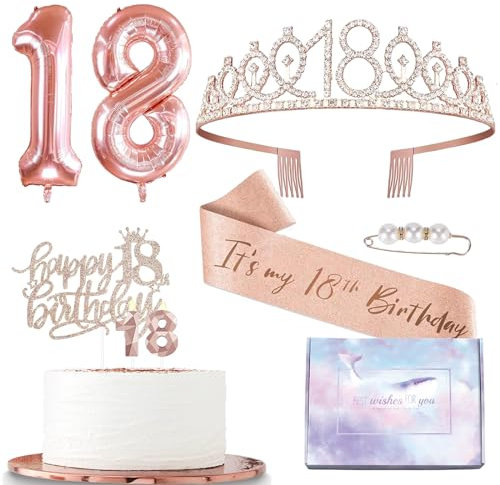 18. Geburtstag Roségold Deko für Mädchen Frauen für Sie, Geburtstagskranz und Diadem Rosegold 18. Strass-Krone, Tortenschmuck, 18. Folienballons, Geschenke für Sie