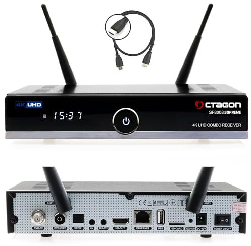 Octagon SF8008 UHD 4K Supreme Combo + HDD interno da 2 TB, ricevitore satellitare e DVB-T2, E2 Linux & Define OS, con funzione di registrazione, M.2 M Key, Gigabit LAN, lettore di schede, SAT to IP,