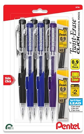 Pentel Twist-Erase Click Mechanical Pencil, (0.9mm), Pack of 6 Pencils with 2 Pack of Lead Refills (PD279TLBP6M)