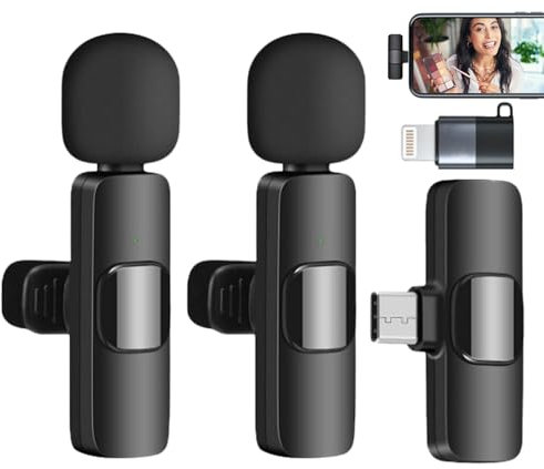 Wireless Lavalier Microphone Compatible with iPhone/iPad/Android Phone/Laptop,Plug-Play Lapel Clip-On Mic with Noise Reduction for Video Recording Live Steam Interview TikTok YouTube/iOS&USB-C/2Mic