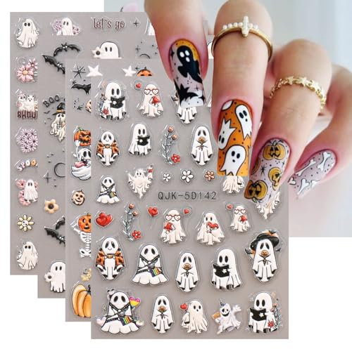 JMEOWIO 3D Embossed Halloween Nail Art Stickers Decals Self-Adhesive 5D Cute Ghost Red Heart Nail Supplies Nail Art Design Decoration Accessories 4 Sheets