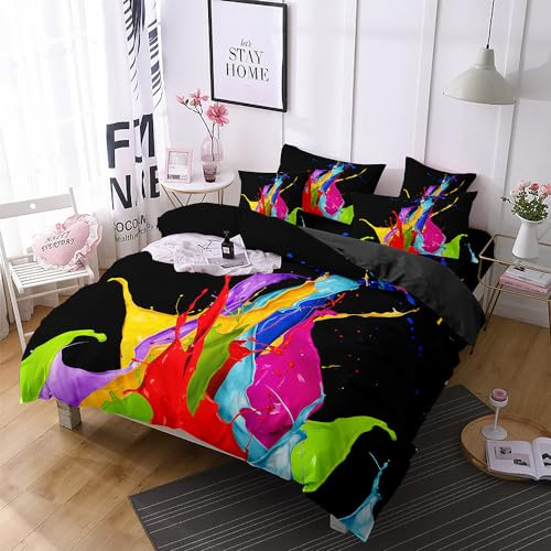 Bettwäsche 135x200 cm 3D Aquarell Graffiti Bettwäsche Set 135x200 cm 3teilig mit Reißverschluss Weiche und Angenehme Schlafkomfort Microfaser Bettbezug mit 2 Kopfkissenbezüge 80x80 cm
