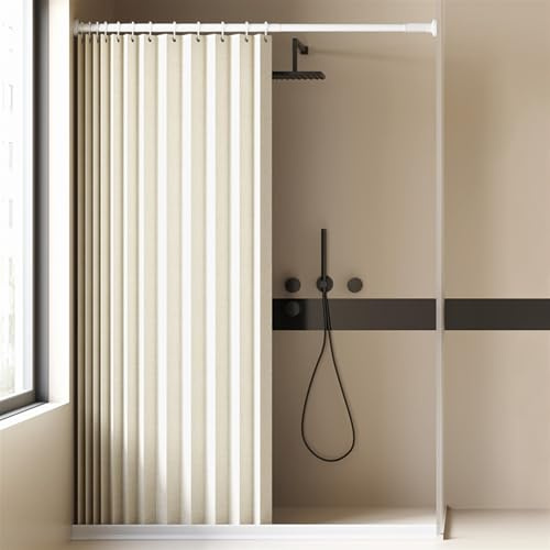 Momooda Pliable Aimant Rideau de Douche Lin Impermeable avec Crochets, Rideau de Douche Anti Moisissure Robuste pour Salle de Bain, Beige, 130x180cm