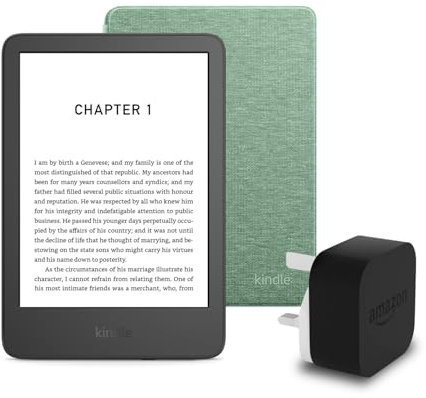 Kindle (2024 Release) 16 GB without ads, an Amazon Fabric Cover and an Amazon Powerfast 9W Power Adapter