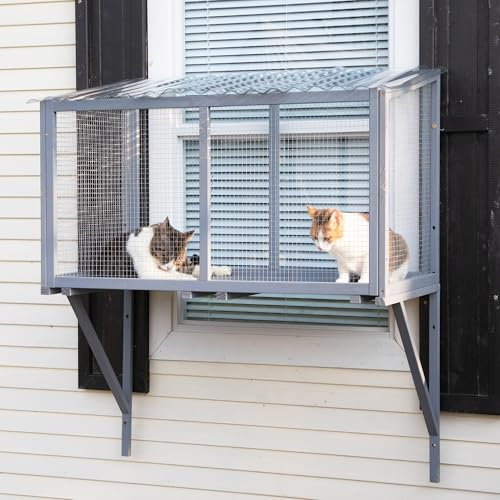COZIWOW Catio de madera para gatos, resistente a la intemperie, para exteriores, con malla galvanizada y azulejos corrugados de PVC, jaula para gatos para patio de gatos, gris oscuro