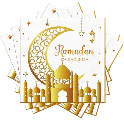 Ramadan Servietten, 24STK Ramadan Tischdeko Papierservietten, Ramadan Kareem Servietten, Gold Halbmond Stern Servietten Ramadan Partyservietten Party Zubehör, 33x33cm
