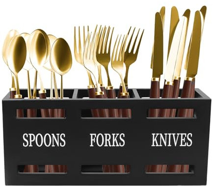 Les-Theresa Organisateur de Couverts Vertical, Range Couvert Bois 3 Compartiments, Pot à Ustensiles de Cuisine, pour Argenterie, Fourchette, Cuillère, Spatule 25,5 X 8,7 X 11 cm (Noir)