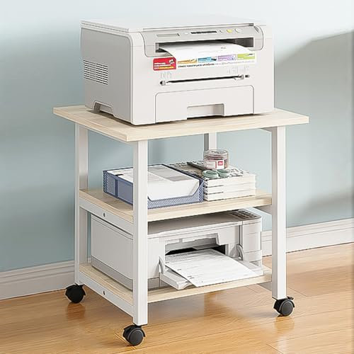 Savieva 3-Ebene Druckertisch mit Universalrollen, 60x48 cm, Warmweiß, mobiler Druckerständer aus Holz & Metall, bis zu 70 kg belastbar, für Büro, Zuhause, Schule (Weiß, 3 Schichten)