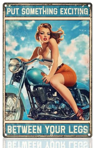 Doodlream Motorcycle Pinup Lady Put Something Exciting Retro Wall Decor Metal Tin Sign 8 x 12 Vintage Wall Art Poster for Home Garage Coffee Room Decor Motorbike Lover Gifts