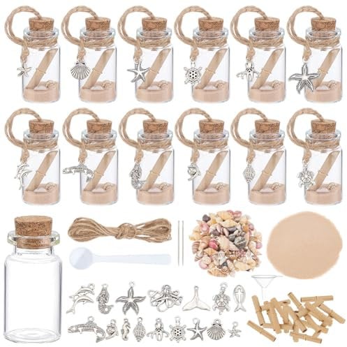 WEBEEDY 12 Sets DIY Glass Wish Bottles Kit Message in a Bottles Tiny Glass Jar with Cork, with Ocean Animal Charms, Wishing Paper, Sea Shell, Vials for Summer Beach Party Hanging Home Decor, 3x4cm