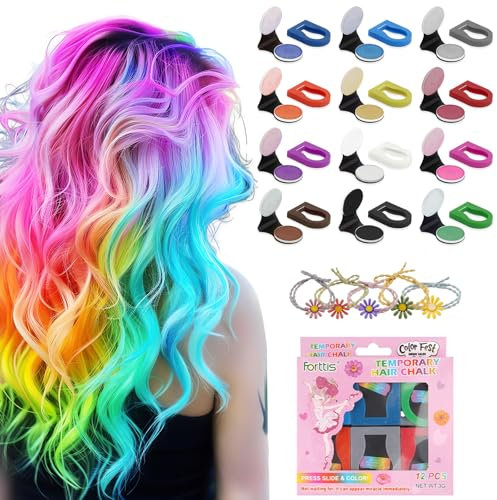 Haarkreide für Mädchen Set I 12 Auswaschbare Farben & 5 Haargummis I Temporäre Haarkreide Kamm Haar Kreide Haarkreide für Kinder I Ideal für Halloween, Weihnachten, Geburtstage I Sicher und Farbenfroh