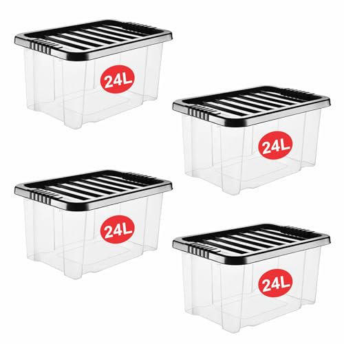 RelianceUK 24L Plastic Storage Boxes with Black Lids – Pack of 4 – Durable, Stackable & Nestable Storage Containers for Home, Garage, Office & School 24 Litres Storage Box