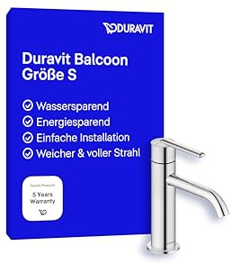 Duravit Balcoon Waschtischarmatur, Größe S (Auslauf Höhe 123 mm), energiesparende Waschbecken Armatur (FreshStart), wassersparender Wasserhahn Bad (MinusFlow), Bad Armatur, Chrom