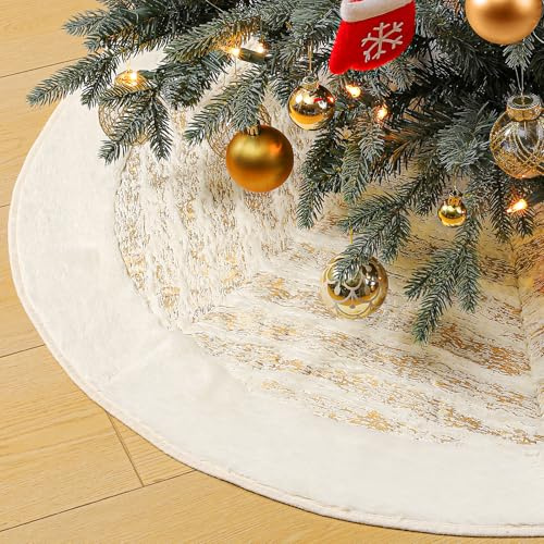 Lewondr Christmas Tree Skirt 48in for Xmas Tree Decoration, Gold | quality plush, gold-stamping pattern, Four Straps on The Side, Tree Base Mat, Holiday Home Decor, For Party & Shop