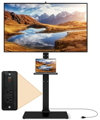 GYMAX Soporte de TV de Pie con Enchufe, Soporte de TV Ajustable en Altura con Estante, Soporte Universal Inclinable para Televisores de 32-70 Pulgadas de hasta 50 kg, para Casa, VESA Máx. 600x400mm