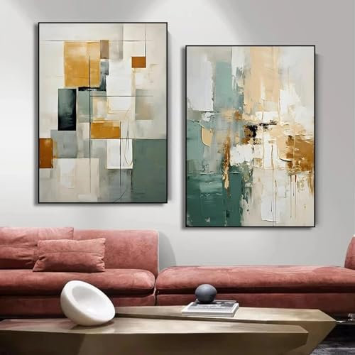 JACBON Poster astratto minimalista geometrico con texture nei toni della terra verde, dipinto su tela, arte moderna da parete per soggiorno, arredamento per la casa, 70x100 cm, cornice interna 2