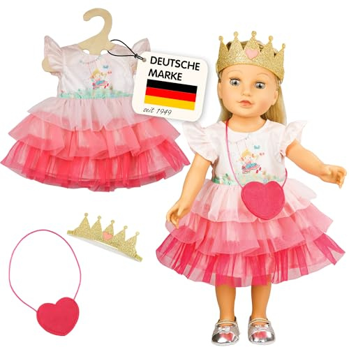 Heless 1580 - Puppenbekleidung, Kleid Prinzessin Emily, in Rosa, mit Herztasche und Krone, für Puppen und Kuscheltiere der Größe 28 - 35 cm