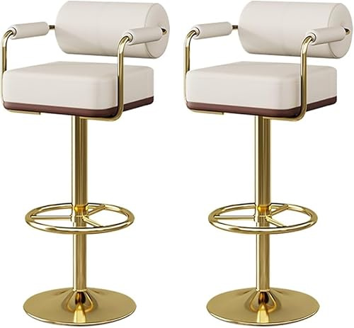 Set Mit 2 Barhockern Mit Rückenlehne Und Fußstütze, Barstuhl Aus Kunstleder Verstellbar Drehbar, Barhocker In Thekenhöhe Für Kücheninsel Esszimmer, Beige, Gold feet