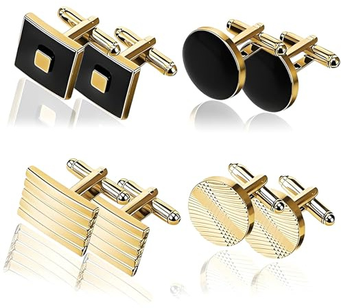 4 Pair Gold Cufflinks For Men Set, Cuff Links Mens Cufflinks For Men | Round And Square Mens Cuff Links Classic Elegant Black Tone, Personalise Cufflink For Business Graduation Formal Occasion