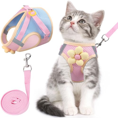 Katzengeschirr mit Leine Softgeschirr für Katze Brustgeschirr Cat Harness Kitten Katzengarnitur Ausbruchsicher Verstellbar Katzenweste (Rosa, XS)