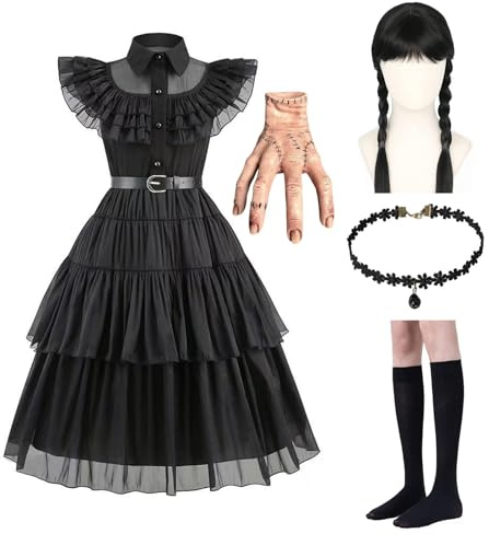 ABC.icos Halloween-Kostüm-Kinderkleid mit Kniestrümpfen Mittwoch Peter-Pan-Kragen-Cosplay Schwarze Mädchen Kostüm-Karneval-Kostüm-Mädchen
