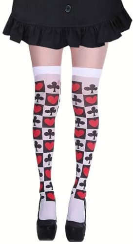 YIPFEN Überkniestrümpfe Damen Herzkönigin Kostüm Accessoires Halterlose Strümpfe mit Spielkarten für Karneval Fasching Halloween Casino Mottoparty
