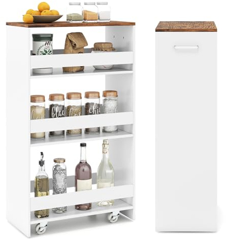 COSTWAY Nischenwagen 25cm breit, 4 Etagen, Weiß, 47,5 x 25 x 80,5 cm | Küchenwagen schmal, Nischenregal auf Rollen, Servierwagen mit Griff & Geländern, Badregal Holz, für Küche, Badezimmer