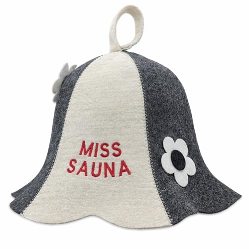 PRINZEPS Sauna Hut Damen Perfekte Saunamütze aus 100% Wollfilz - Filzhut Damen Weiß-Grau mit Blumen Stickerei - ideale Sauna Kopfbedeckung Saunahut - Geschenke für Saunagänger