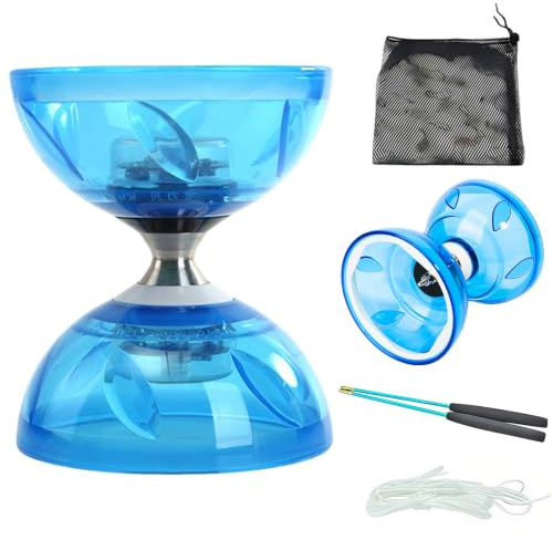 PLLYPE Diabolo Freiläufer mit Kugellager, LED Diabolo mit 3 Farben Blinkendes, Ersatzseil 10m, Dreifache Lagerung Set, Netzbeutel und Profi-Stange, Dreifachlager für Erwachsene, Blau