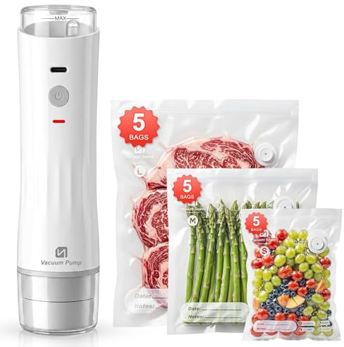 Compact Handheld Vacuum Sealer Set with 15 Reusable Bags | Visible Water Tank, 65kPa Powerful Compact Food Vacuum Sealer Machine, One-Touch Auto Seal & Pulse Mode for Delicate Foods
