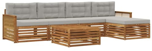 vidaXL Outdoor-Sofagarnitur mit Kissen 6 pcs Natürlich und Hellgrau, Patio-Sofa, modernes Eckset, wetterfester Gartenlounge, Bequeme Terrassenplätze für entspannte Zeiten