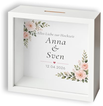 Spardose Hochzeit personalisiert mit Namen & Datum – Geldgeschenk Holz weiß | Hochzeitsgeschenk fürs Brautpaar als individuelles Geldgeschenk – Hochzeitskasse aus Holz zum Aufstellen & Aufhängen