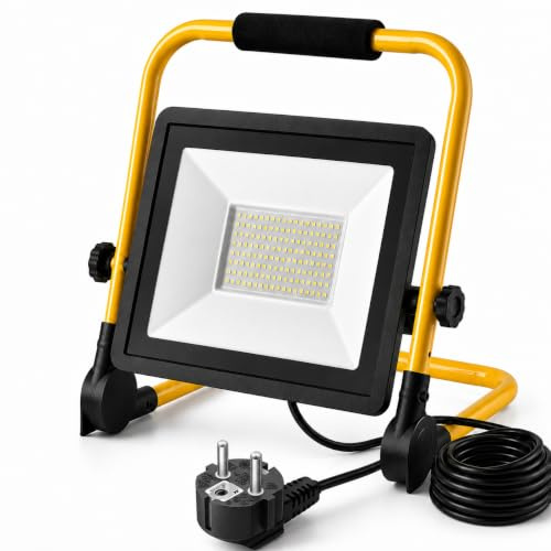 100W LED Baustrahler, Spotlight Mobil IP66 Wetterfest 4M Kabel mit Stecker | Arbeitsleuchte mit 360° drehbarem Flutlicht, verstellbarer Sockel, ideal für Garage und Baustelle