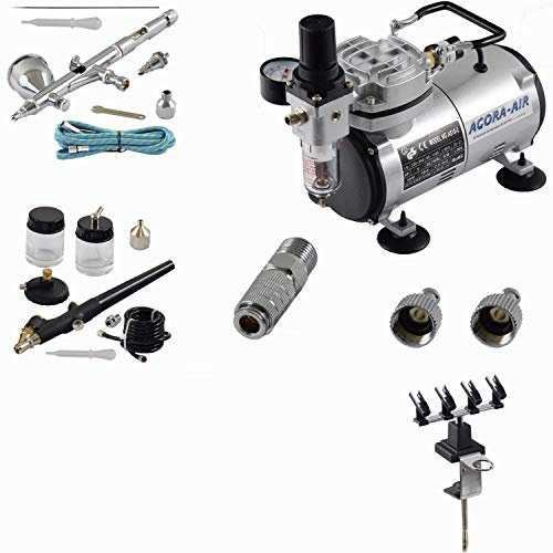 Agora-Tec® Airbrush Komplett-Set EXPERT III.3, inkl. Kompressor mit 4 bar und 20l/min + 2 Airbrushpistolen mit 0,2 & 0,3 & 0,8mm Nadeln/Düsen + 2-Schnellkupplungen + 4fach-Halter + 1 Schlauch + Adapter