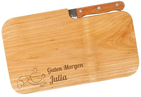 Cera & Toys® Frühstücksbrett aus Holz mit Messer und gratis Gravur des Namens - Guten Morgen