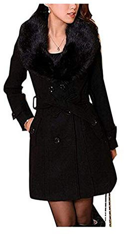 ClairSue Damen Wintermantel Wollmantel Mit Faux Pelz Kragen Parka Herbstjacke Elegant Zweireihiger Trenchcoat Lang Mantel Übergangsjacke Dufflecoat Outwear Mit Gürtel (DE 32, Schwarz)